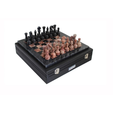 Pink and Black Marble Chess Set with Leather Case, Handmade in Italy
