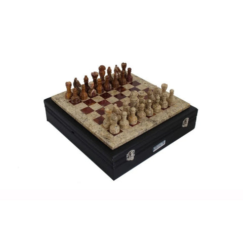 Handmade Italian Marble Chess Set, Brown Red Pieces, Leather Case, 30x30cm