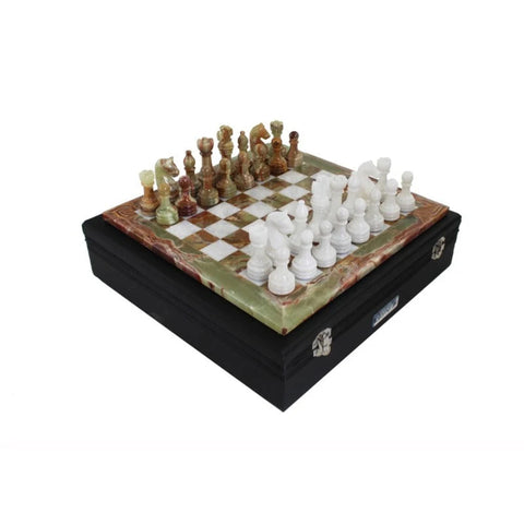 Handmade Onyx and White Marble Chess Set with Leather Case, Made in Italy