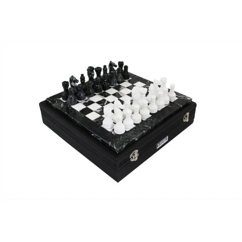 Handmade Marble Chess Set Black and White with Leather Case, Italian 30cm Board