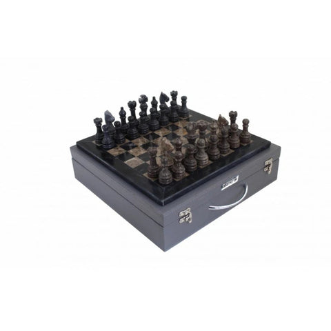 Handmade Italian Black and Gray Marble Chess Set with Leather Case, 30cm