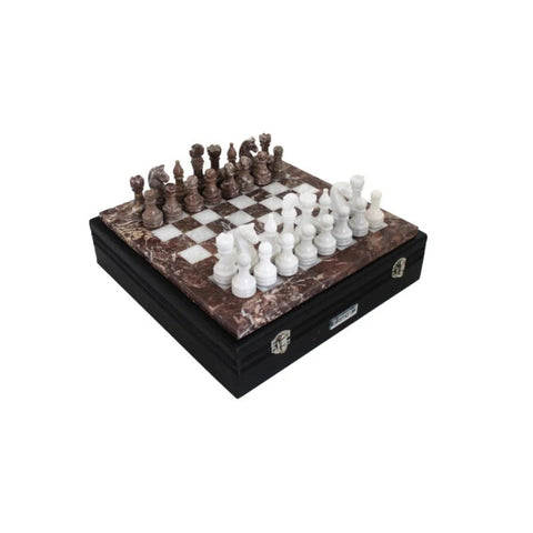 Pink and White Marble Chess Set with Leather Case, Handmade in Italy, 30cm Board