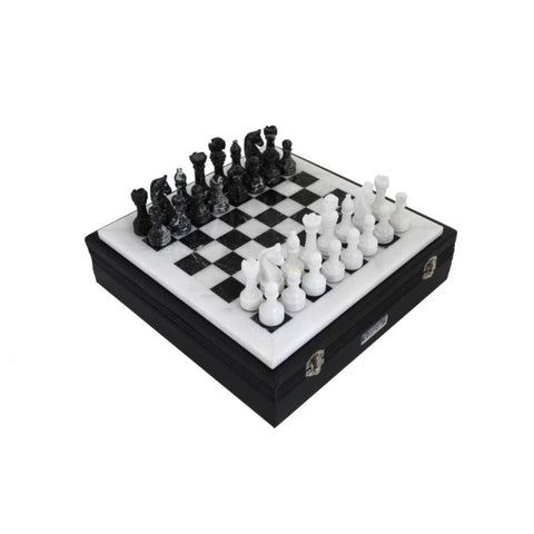 Handmade Black and White Marble Chess Set with Leather Case, Italian, 30cm Board