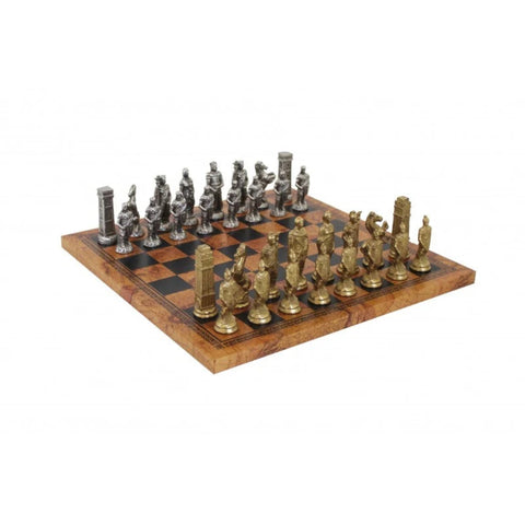 Roman vs Barbarian Metal Chess Set with Faux Leather Board, Made in Italy