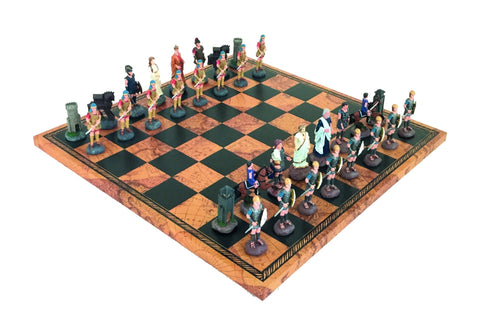 BATTLE OF TROY: Handpainted Chess Set with Old Map Style Leatherette Chessboard - Hobby.lt 🇬🇧