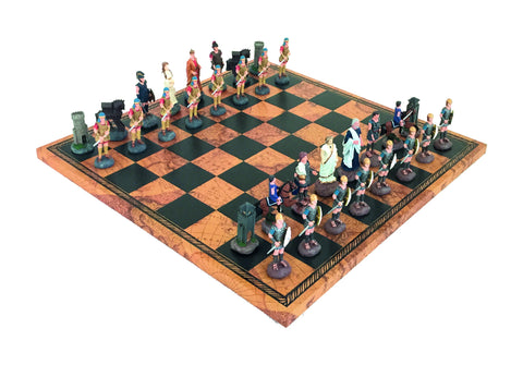 BATTLE OF TROY: Handpainted Chess Set with Old Map Style Leatherette Chessboard