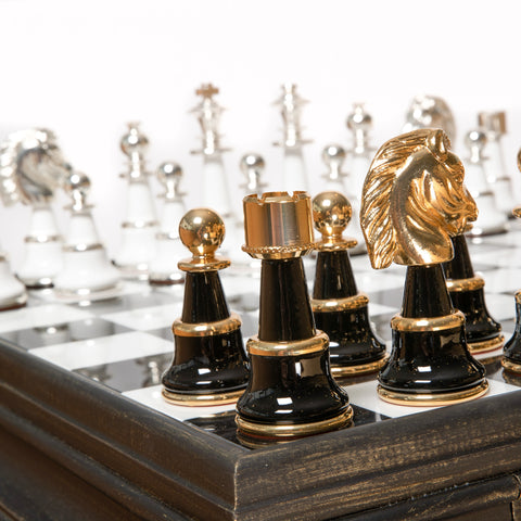 Beautiful Large Brass/Wood Chess Pieces with Table