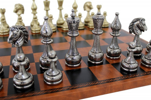 Beautiful Metal Chess Set with Brown/Black Leatherette Chessboard