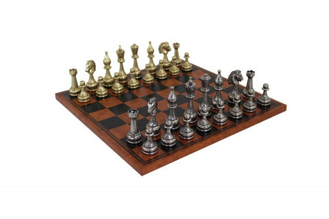 Beautiful Metal Chess Set with Brown/Black Leatherette Chessboard