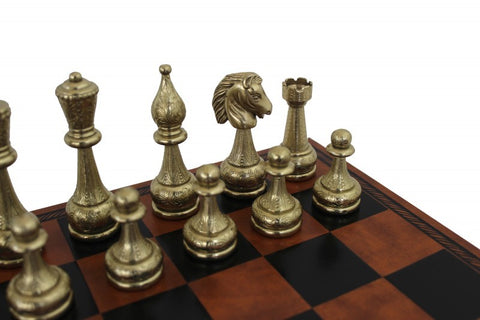 Beautiful Metal Chess Set with Brown/Black Leatherette Chessboard