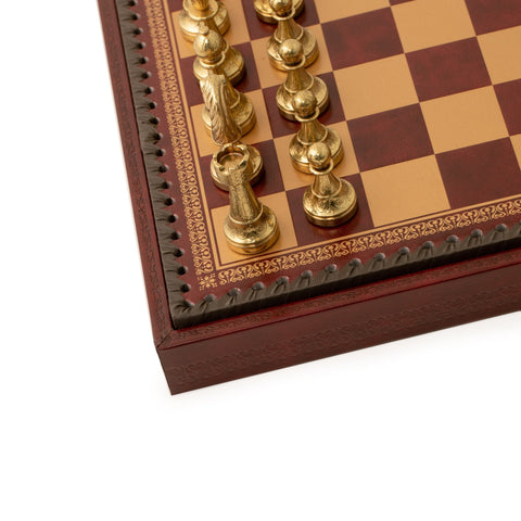 Beautiful Metal Chess Set with Leatherette Chessboard in Burgundy Colour - Hobby.lt 🇬🇧