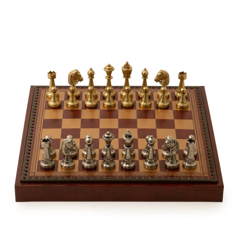 Beautiful Metal Chess Set with Leatherette Chessboard in Burgundy Colour - Hobby.lt 🇬🇧