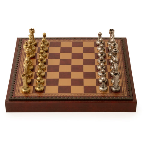 Beautiful Metal Chess Set with Leatherette Chessboard in Burgundy Colour - Hobby.lt 🇬🇧