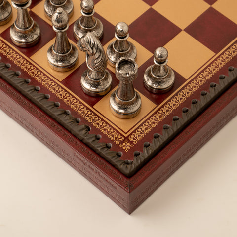 Beautiful Metal Chess Set with Leatherette Chessboard in Burgundy Colour