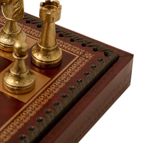 Beautiful Metal Chess Set with Leatherette Chessboard in Burgundy Colour