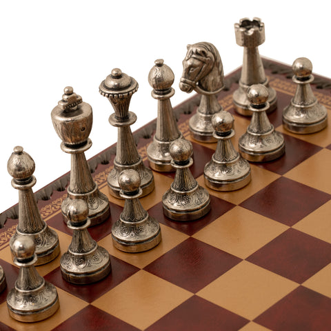 Beautiful Metal Chess Set with Leatherette Chessboard in Burgundy Colour