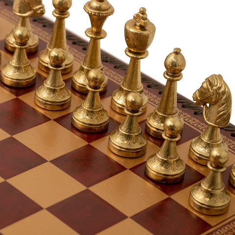 Beautiful Metal Chess Set with Leatherette Chessboard in Burgundy Colour