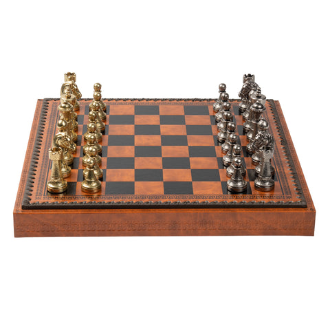 Beautiful Metal Chess Set with Leatherlike Board/Box + CHECKER Set