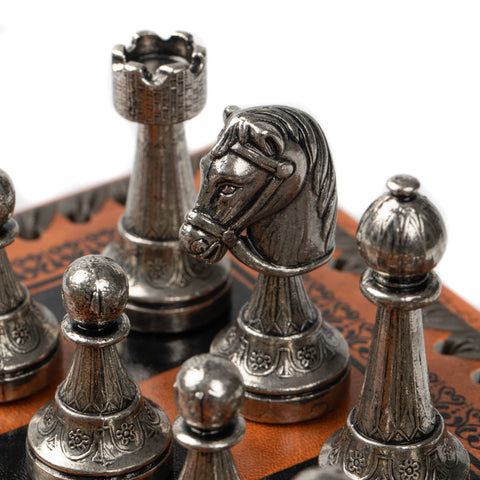 Beautiful Metal Chess Set with Leatherlike Board/Box + CHECKER Set