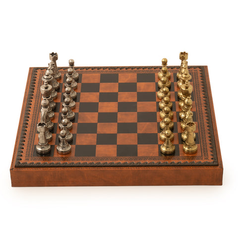 Beautiful Metal Chess Set with Leatherlike Board/Box + CHECKER Set