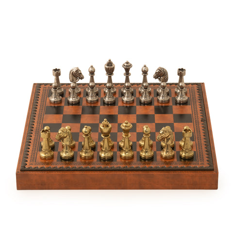 Beautiful Metal Chess Set with Leatherlike Board/Box + CHECKER Set