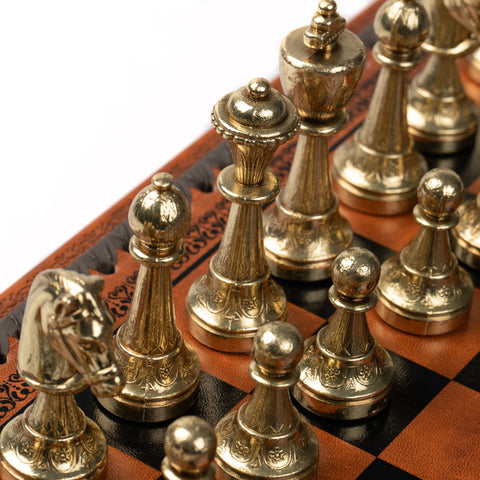 Beautiful Metal Chess Set with Leatherlike Board/Box + CHECKER Set