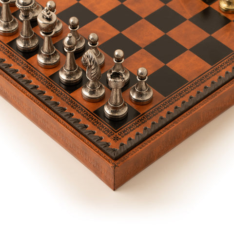 Beautiful Metal Chess Set with Leatherlike Board/Box + CHECKER Set