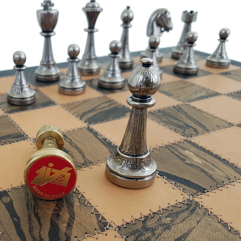 Beautiful Metal Chess Set with Real Leather Chessboard