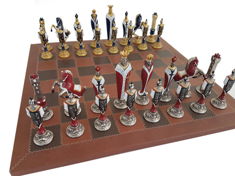 Beautiful Metal RENASSAINCE style CHESS SET with Genuine Leather Chess Board