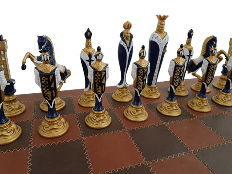 Beautiful Metal RENASSAINCE style CHESS SET with Genuine Leather Chess Board