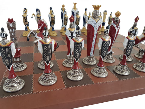 Beautiful Metal RENASSAINCE style CHESS SET with Genuine Leather Chess Board