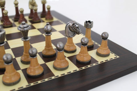 Beautiful Wood & Metal Chess Pieces with Chessboard made from Solid Wood