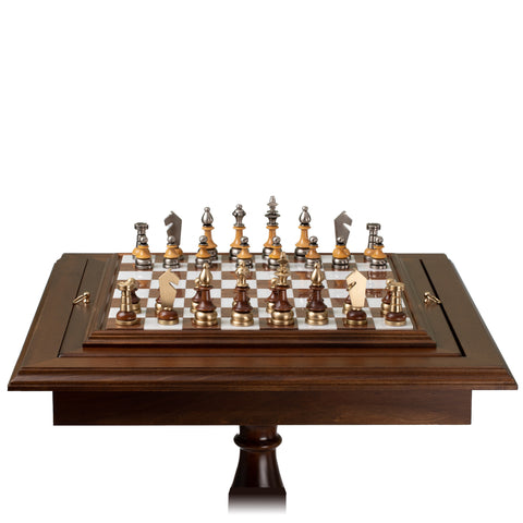 Beech Wood Chess Table with Alabaster Top and Stylized Chess Set