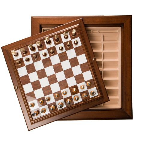 Beech Wood Chess Table with Alabaster Top and Stylized Chess Set