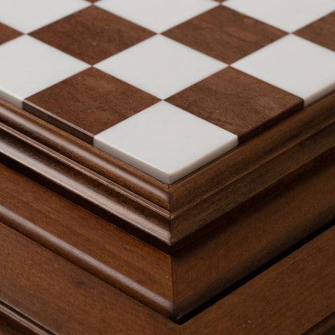 Beech Wood Chess Table with Alabaster Top and Stylized Chess Set