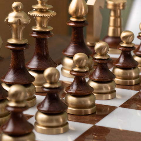 Beech Wood Chess Table with Alabaster Top and Stylized Chess Set