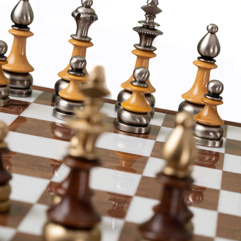 Beech Wood Chess Table with Alabaster Top and Stylized Chess Set