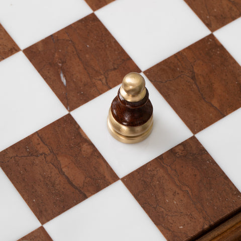 Beech Wood Chess Table with Alabaster Top and Stylized Chess Set