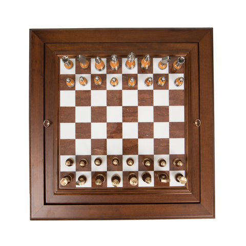 Beech Wood Chess Table with Alabaster Top and Stylized Chess Set