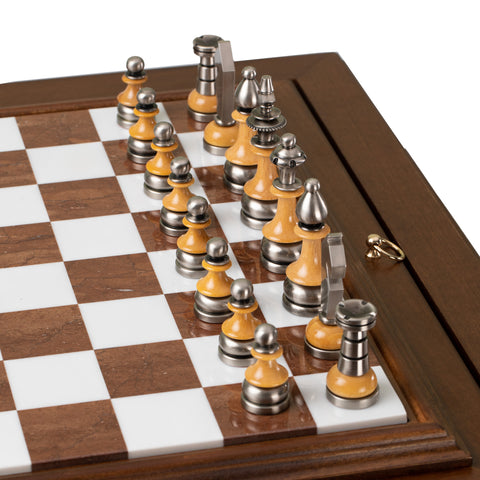 Beech Wood Chess Table with Alabaster Top and Stylized Chess Set