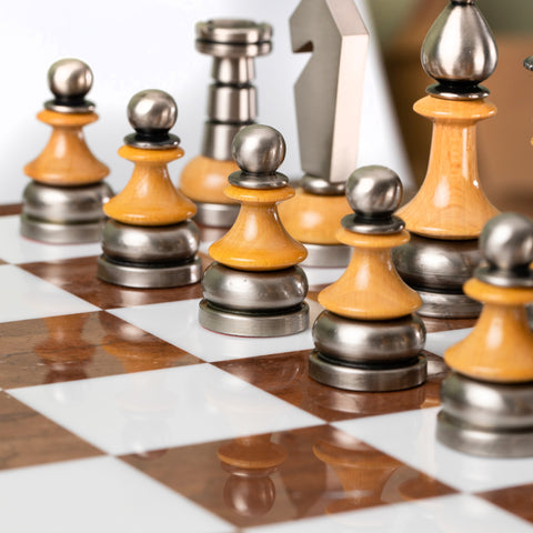 Beech Wood Chess Table with Alabaster Top and Stylized Chess Set