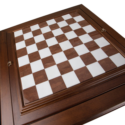 Beech Wood Chess Table with Alabaster Top and Stylized Chess Set