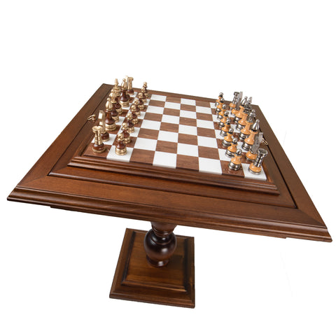 Beech Wood Chess Table with Alabaster Top and Stylized Chess Set