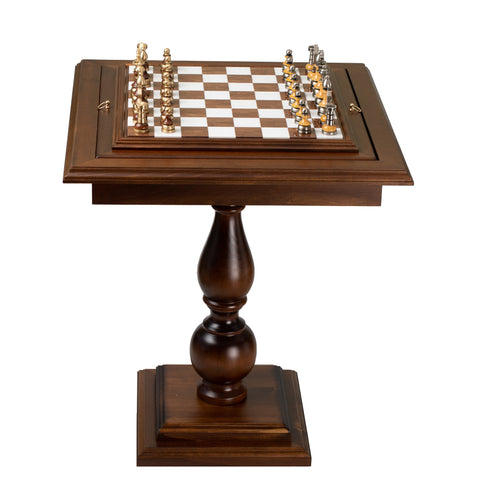 Beech Wood Chess Table with Alabaster Top and Stylized Chess Set