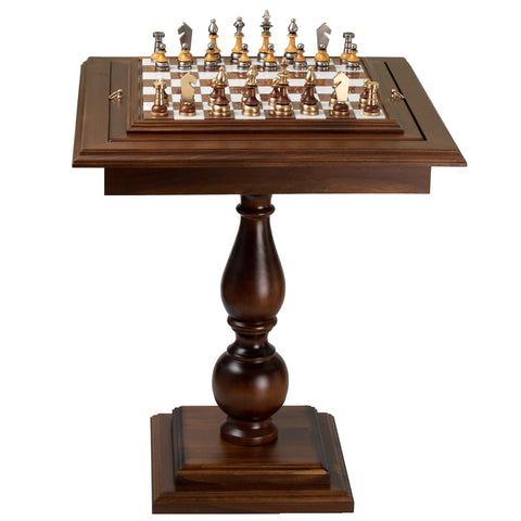 Beech Wood Chess Table with Alabaster Top and Stylized Chess Set