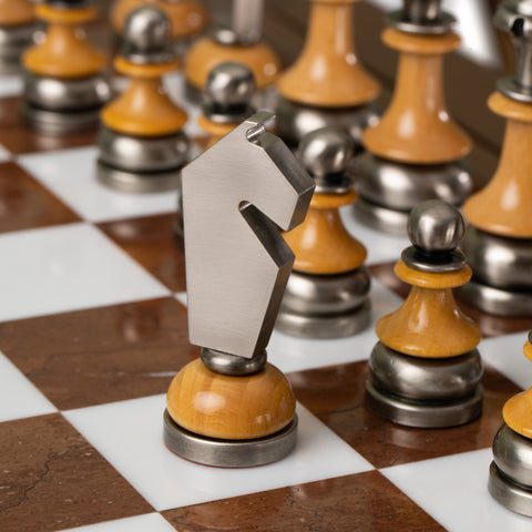 Beech Wood Chess Table with Alabaster Top and Stylized Chess Set