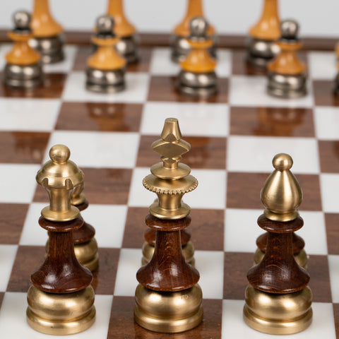 Beech Wood Chess Table with Alabaster Top and Stylized Chess Set