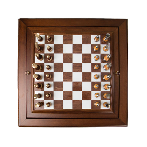 Beech Wood Chess Table with Alabaster Top and Stylized Chess Set