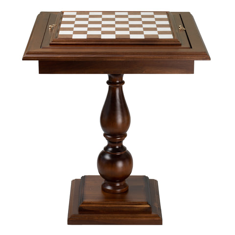 Beech Wood Chess Table with Alabaster Top and Stylized Chess Set