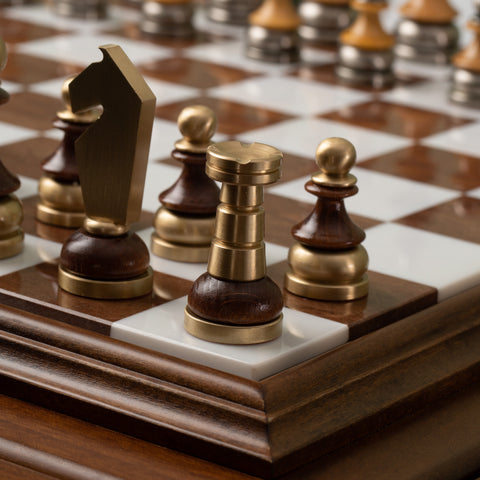 Beech Wood Chess Table with Alabaster Top and Stylized Chess Set